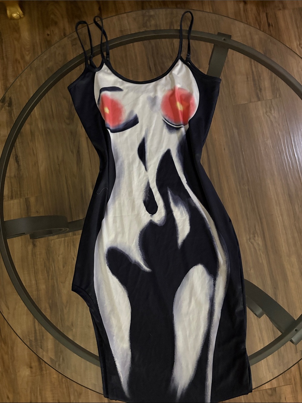 Black & White Bodycon Dress with Abstract Red Accent